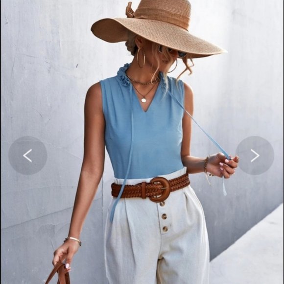 Tops - *NEW Women's Blue V-Neck Sleeveless Ruffle Neck Tie Front Blouse Size S*